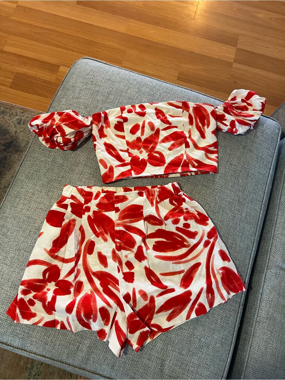 Monteau Red & White Floral Crop Top and Shorts Set